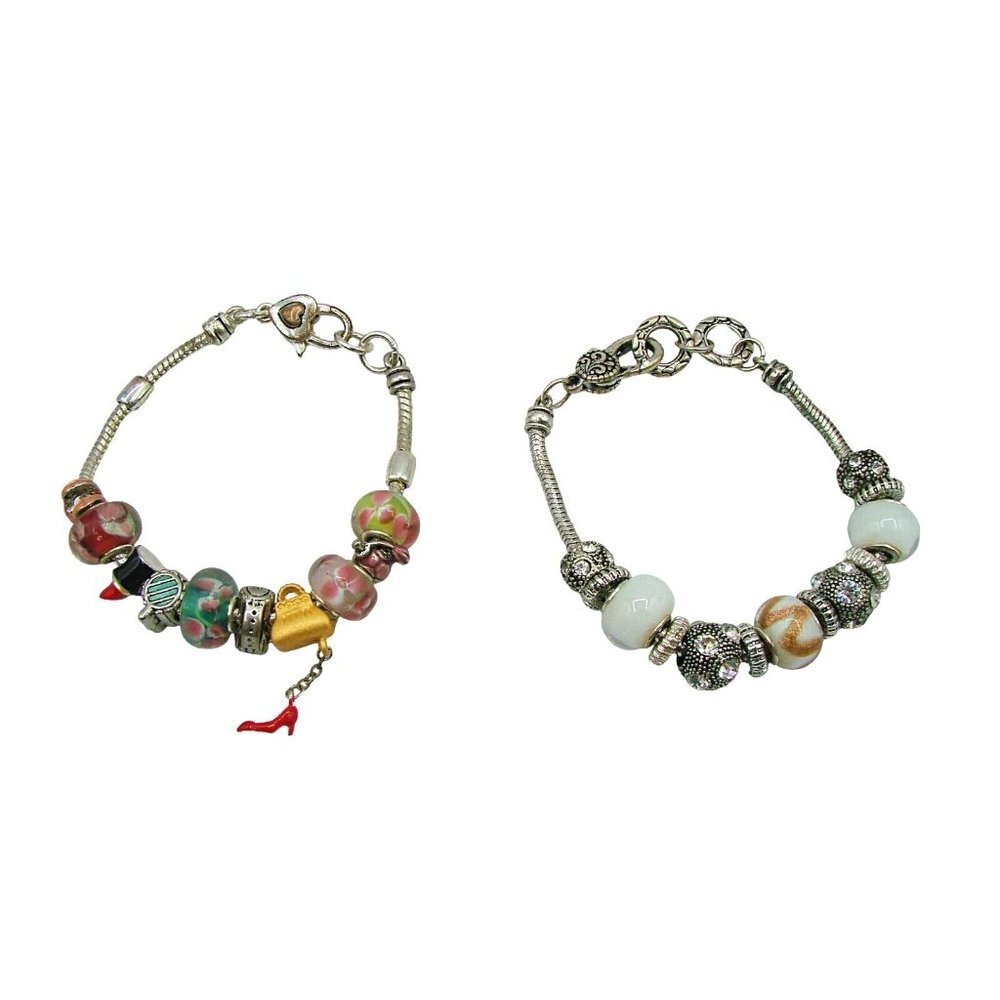 Set 2 Charm Bracelets Glass Beads Rhinestones Silver Gold Tones Fashion Craft 7"